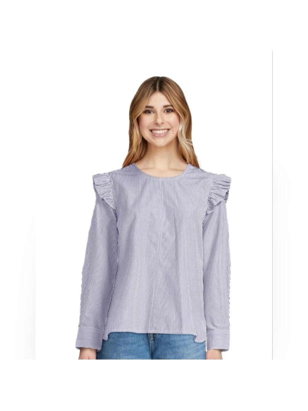 Free Assembly Women's Button Shoulder Blouse Ruffled Shoulders & Shirttail Hem